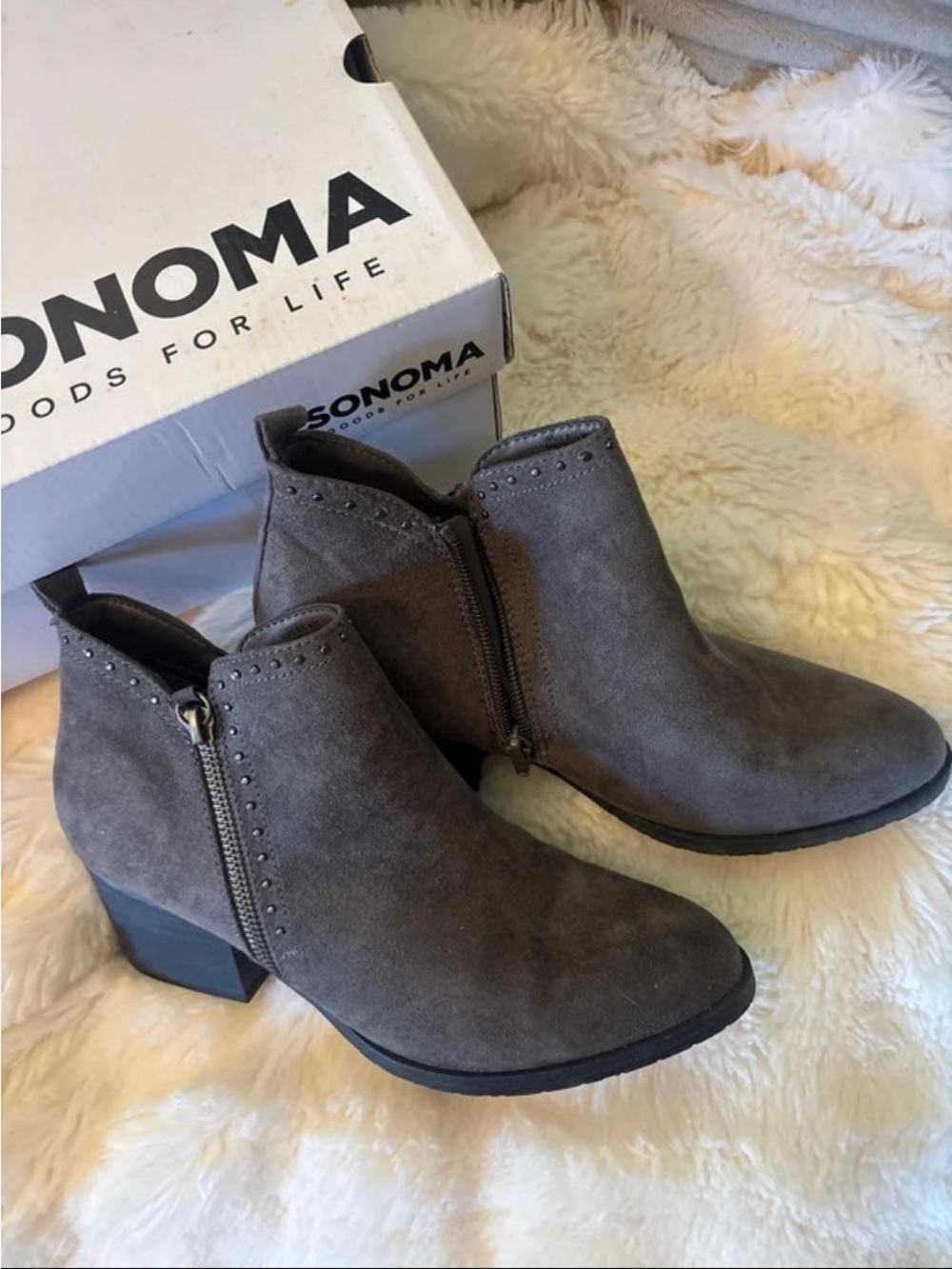 Sonoma Taupe Suede Ankle Booties with Side Zip and Stud Detail